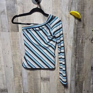 Wet Seal Vintage Y2K Blue Stripe One Shoulder Crop Top